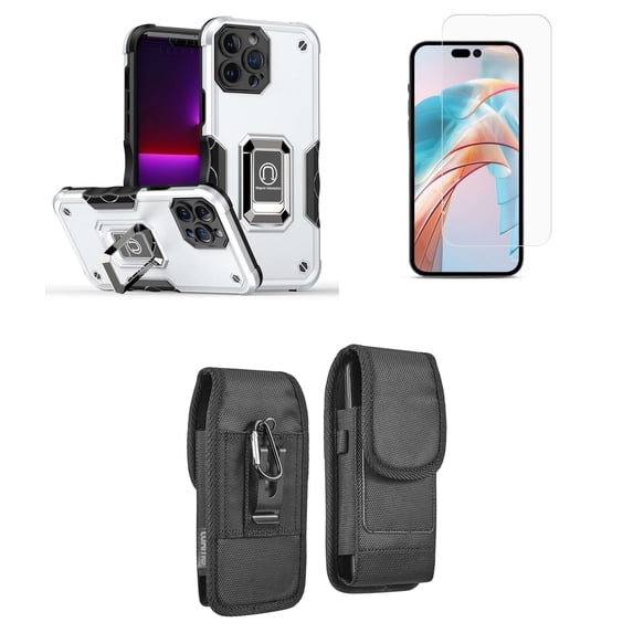 Bemz Phone Case for iPhone 15 Pro Max with Camera Protection Heavy Duty Magnetic Kickstand Cover, Glass Screen Protector, Vertical Rugged Nylon Belt Holster Pouch (Lunar Silver)