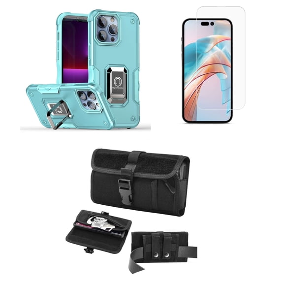Bemz Phone Case for iPhone 15 Pro Max with Camera Protection Heavy Duty Magnetic Kickstand Cover, Screen Protector, Horizontal Buckle Belt Holster Travel Pouch (Mint Teal)