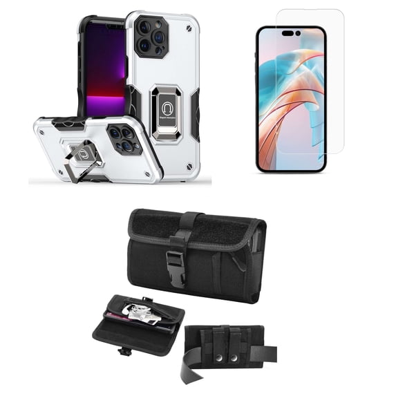 Bemz Phone Case for iPhone 15 Pro Max with Camera Protection Heavy Duty Magnetic Kickstand Cover, Screen Protector, Horizontal Buckle Belt Holster Travel Pouch (Lunar Silver)