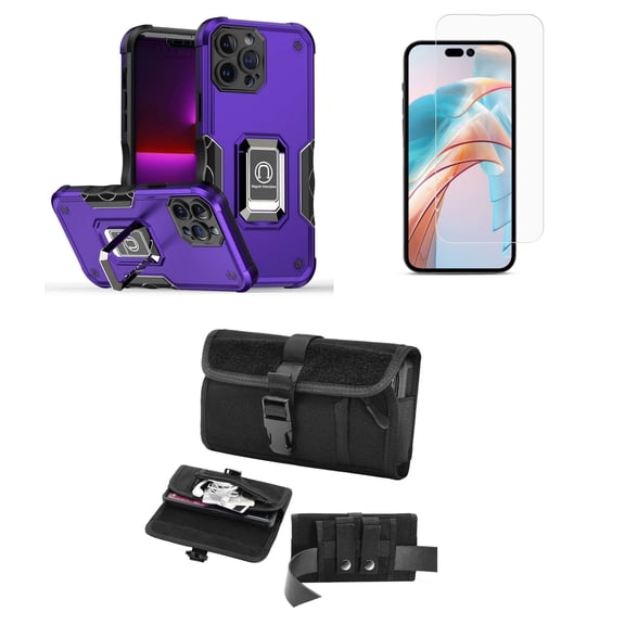 Bemz Phone Case for iPhone 15 Pro Max with Camera Protection Heavy Duty Magnetic Kickstand Cover, Screen Protector, Horizontal Buckle Belt Holster Travel Pouch (Dark Purple)