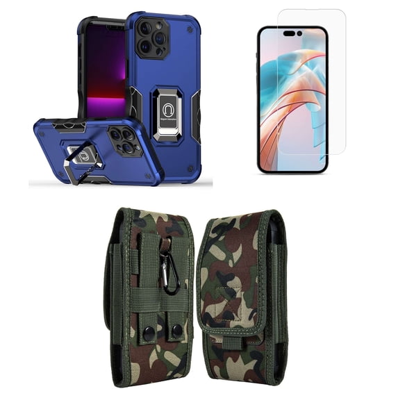 Bemz Phone Case for iPhone 15 Pro Max with Camera Protection Heavy Duty Magnetic Kickstand Cover, Screen Protector, Vertical Nylon Belt Holster Pouch (Cobalt Blue/Jungle Camo)