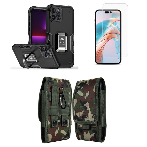Bemz Phone Case for iPhone 15 Pro Max with Camera Protection Heavy Duty Magnetic Kickstand Cover, Screen Protector, Vertical Nylon Belt Holster Pouch (Titanium Black/Jungle Camo)
