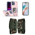thumbnail image 1 of Bemz Phone Case for iPhone 15 Pro Max with Camera Protection Heavy Duty Magnetic Kickstand Cover, Screen Protector, Vertical Nylon Belt Holster Pouch (Titanium Pink Gray/Jungle Camo), 1 of 9