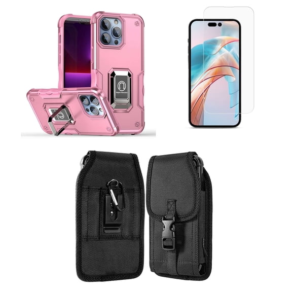 Bemz Phone Case for iPhone 15 Pro Max with Camera Protection Heavy Duty Magnetic Kickstand Cover, Screen Protector, Vertical Release Buckle Belt Holster Pouch (Rose Pink)