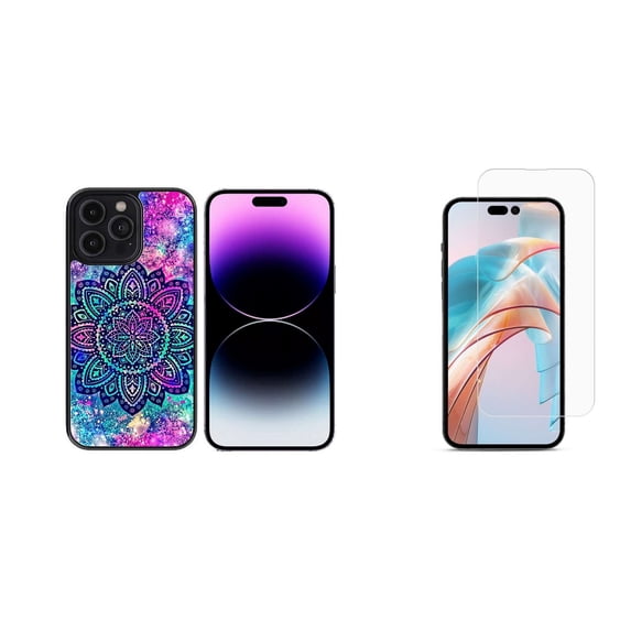 Bemz Phone Case for iPhone 15 Pro Max with Tempered Glass Screen Protector, Lightweight Shockproof Scratch Resistant UV Print Protective TPU Cover (Galaxy Lotus)