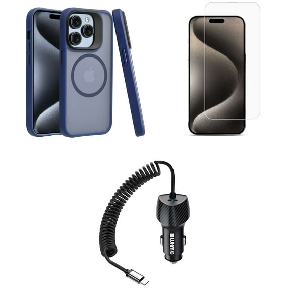 Bemz Phone Case for iPhone 15 Pro with Shockproof Protective Wireless Charging Ring Cover, Tempered Glass Screen Protector, USB C 60W LED Rotatable Cable - 6.6Ft (Dark Blue)