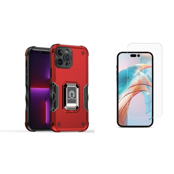 Bemz Phone Case for iPhone 15 Pro with Tempered Glass Screen Protector, Camera Protection Heavy Duty Shockproof Protection Magnetic Mount Stand Cover (Titanium Red)