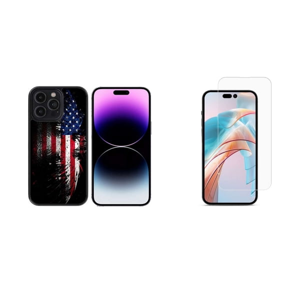 Bemz Phone Case for iPhone 15 Pro with Tempered Glass Screen Protector, Lightweight Shockproof Scratch Resistant UV Print Protective TPU Cover (American Flag Eagle)