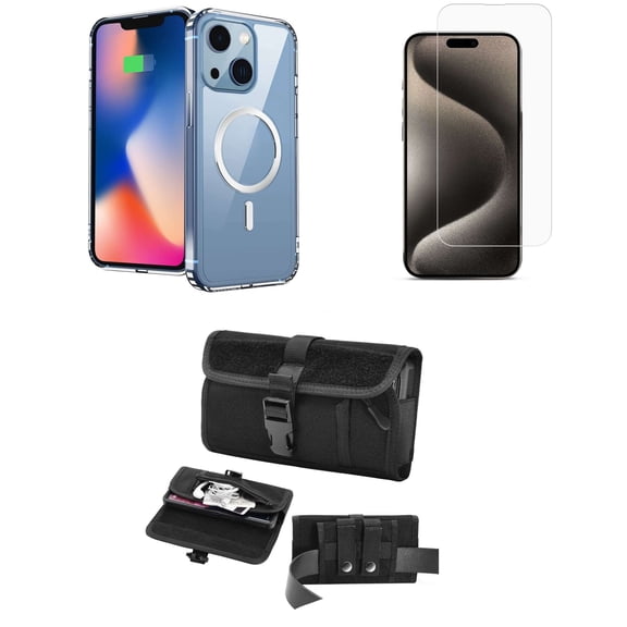 Bemz Phone Case for iphone 14 with Magnetic Charging Slim Shock Absorbent Silicone Cover, Screen Protector, Horizontal Rugged Secure Buckle Belt Holster Clip Pouch (Clear)