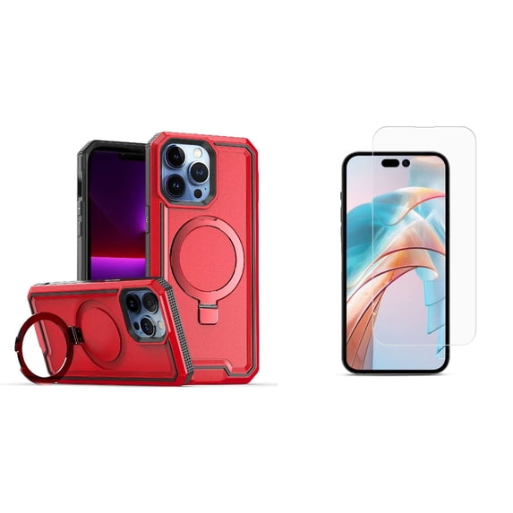 Bemz Phone Protector for iPhone 15 Pro Max Case with Tempered Glass Screen Protector, Slim Heavy-Duty Armor Tough Defender Wireless Charger Magnetic Kickstand Rugged Cover (Red)