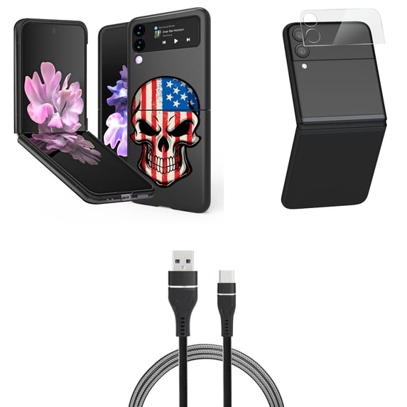 Bemz Premium Bundle for Samsung Galaxy Z Flip 3 5G: Slim Snap-On Protector Case (American Skull), Rear Camera Glass Protector, Nylon Braided USB-C to USB-A Cable (3 Feet)