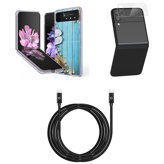 Bemz Premium Bundle for Samsung Galaxy Z Flip 3 5G: Slim Snap-On Protector Case (Blue Sea Shells), Rear Camera Glass Protector, Nylon Braided USB-C to USB-C Cable (4 Feet)