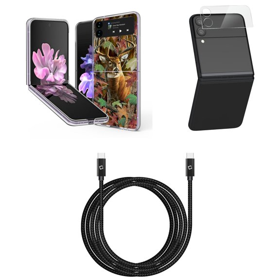 Bemz Premium Bundle for Samsung Galaxy Z Flip 3 5G: Slim Snap-On Protector Case (Hunter Camo Deer), Rear Camera Glass Protector, Nylon Braided USB-C to USB-C Cable (4 Feet)