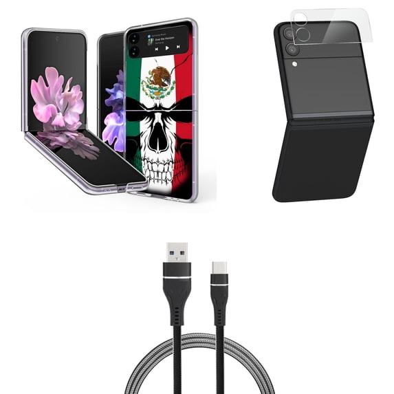 Bemz Premium Bundle for Samsung Galaxy Z Flip 3 5G: Slim Snap-On Protector Case (Mexico Skull), Rear Camera Glass Protector, Nylon Braided USB-C to USB-A Cable (3 Feet)