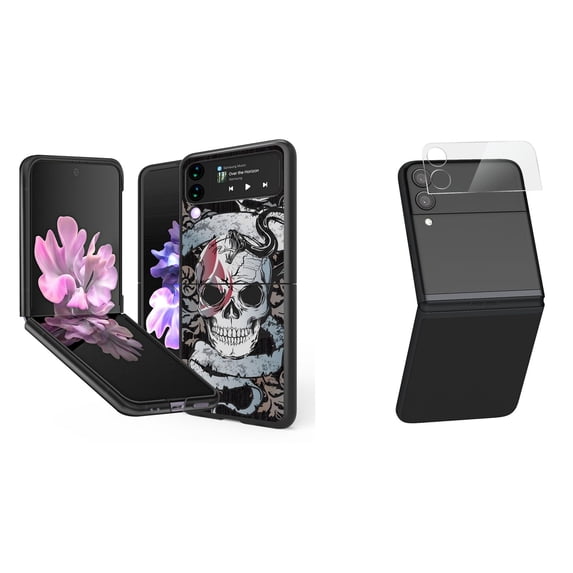 Bemz Premium Bundle for Samsung Galaxy Z Flip 3 5G: Slim Snap-On Protector Case (Red Snake and Skull), Rear Camera Glass Protector