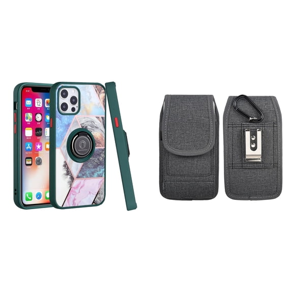 Bemz Ring Series Case for iPhone 14 Plus (TPU Silicone Cover with Magnetic Stand) and Vertical Nylon Fabric Belt Holster Pouch (Green on Galaxy Marble/Grey)