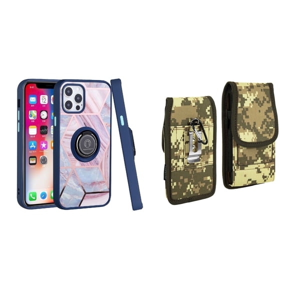 Bemz Ring Series Case for iPhone 14 (TPU Silicone Cover with Magnetic Stand) and Vertical Rugged Nylon Belt Holster Pouch (Blue on Pink Marble/Digital Camo)