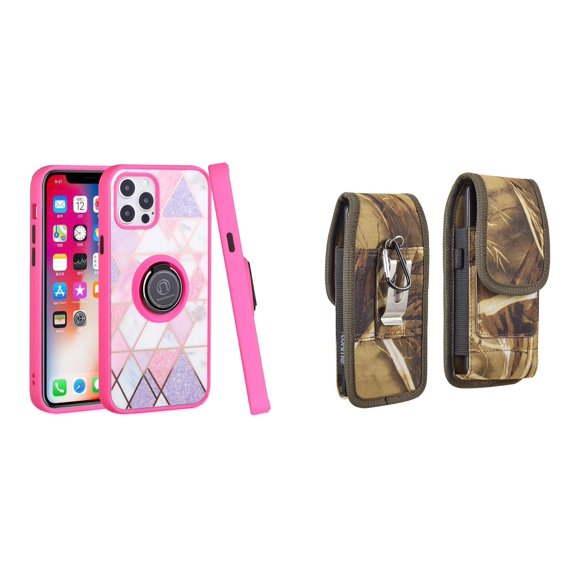 Bemz Ring Series Case for iPhone 14 (TPU Silicone Cover with Magnetic Stand) and Vertical Rugged Nylon Belt Holster Pouch (Pink on Purple Marble/Camo)