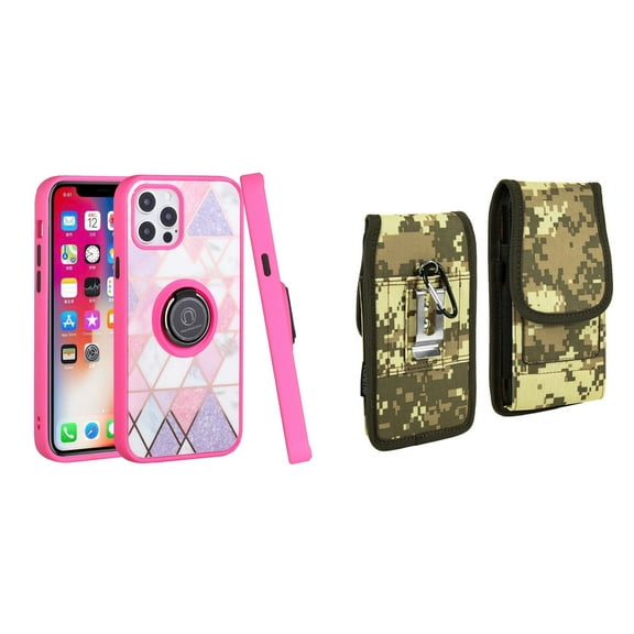 Bemz Ring Series Case for iPhone 14 (TPU Silicone Cover with Magnetic Stand) and Vertical Rugged Nylon Belt Holster Pouch (Pink on Purple Marble/Digital Camo)