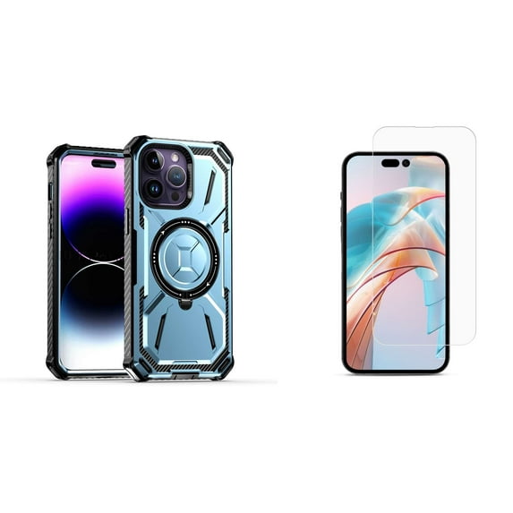 Bemz Rugged Case for iPhone 15 Plus - Tough Magnetic Ring Stand Charger Cover with Tempered Glass Screen Protectors (Light Blue)