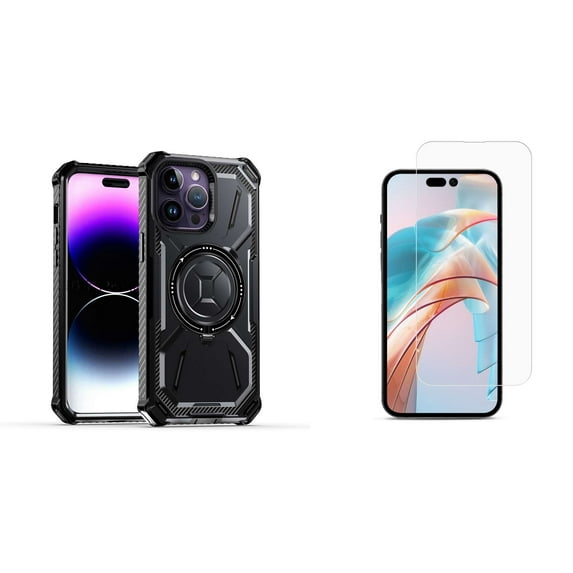 Bemz Rugged Case for iPhone 15 Pro - Tough Magnetic Ring Stand Charger Cover with Tempered Glass Screen Protectors (Black)