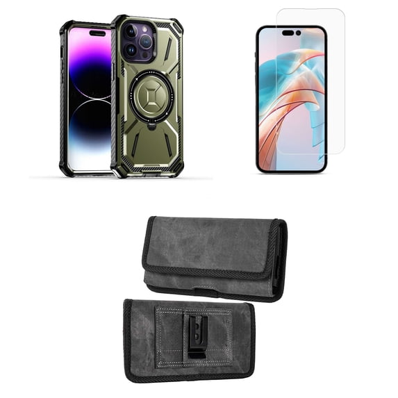 Bemz Rugged Case for iPhone 15 Plus - Tough Magnetic Ring Stand Charger Cover with Glass Screen Protector and Horizontal Nylon Card Slots Wallet Belt Holster Pouch (Midnight Green/Gray)