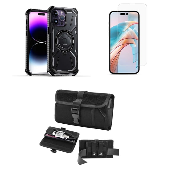 Bemz Rugged Case for iPhone 15 Plus - Tough Magnetic Ring Stand Charger Cover with Glass Screen Protector and Horizontal Rugged Release Buckle Belt Holster Travel Pouch (Black)