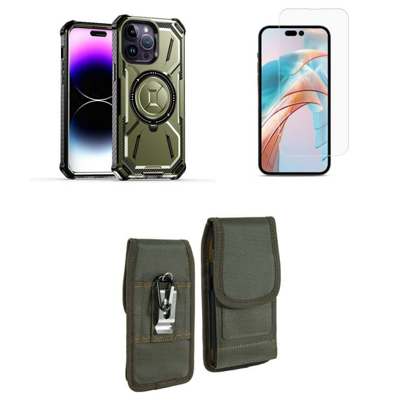 Bemz Rugged Case for iPhone 15 Plus - Tough Magnetic Ring Stand Charger Cover with Glass Screen Protector and Vertical Rugged Nylon Belt Holster Pouch (Midnight Green/Forest Green)