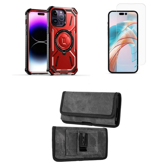 Bemz Rugged Case for iPhone 15 Pro Max - Tough Magnetic Ring Stand Charger Cover with Glass Screen Protector and Horizontal Nylon Card Slots Wallet Belt Holster Pouch (Red/Gray)