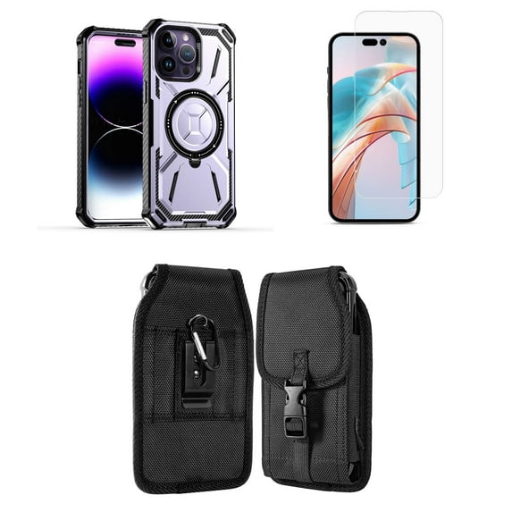 Bemz Rugged Case for iPhone 15 Pro Max - Tough Magnetic Ring Stand Charger Cover with Glass Screen Protector and Vertical Rugged Release Buckle Belt Holster Pouch (Light Purple)