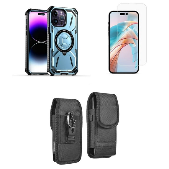 Bemz Rugged Case for iPhone 15 Pro Max - Tough Magnetic Ring Stand Charger Cover with Glass Screen Protector and Vertical Rugged Nylon Belt Holster Pouch (Light Blue)