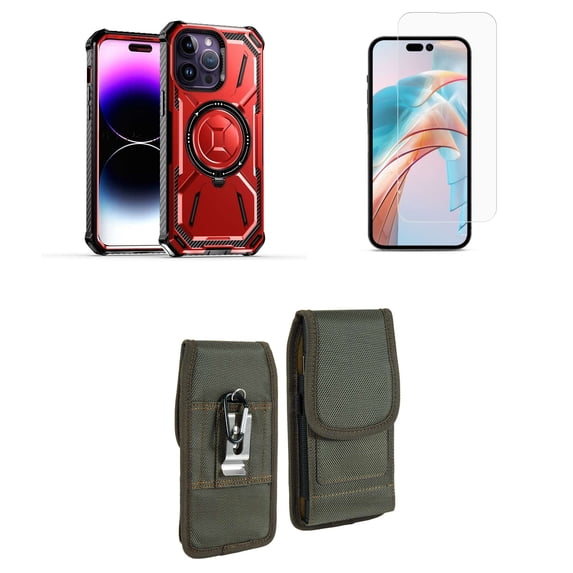 Bemz Rugged Case for iPhone 15 Pro Max - Tough Magnetic Ring Stand Charger Cover with Glass Screen Protector and Vertical Rugged Nylon Belt Holster Pouch (Red/Forest Green)