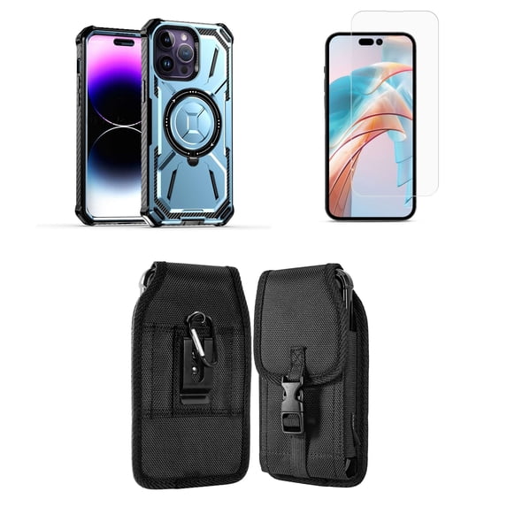 Bemz Rugged Case for iPhone 15 Pro Max - Tough Magnetic Ring Stand Charger Cover with Glass Screen Protector and Vertical Rugged Release Buckle Belt Holster Pouch (Light Blue)