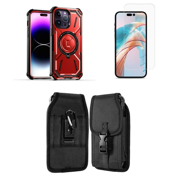 Bemz Rugged Case for iPhone 15 Pro Max - Tough Magnetic Ring Stand Charger Cover with Glass Screen Protector and Vertical Rugged Release Buckle Belt Holster Pouch (Red)