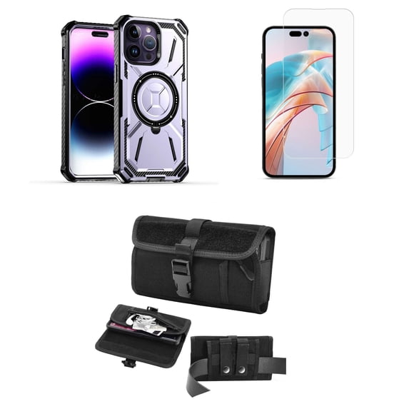 Bemz Rugged Case for iPhone 15 Pro - Tough Magnetic Ring Stand Charger Cover with Glass Screen Protector and Horizontal Rugged Release Buckle Belt Holster Travel Pouch (Light Purple)