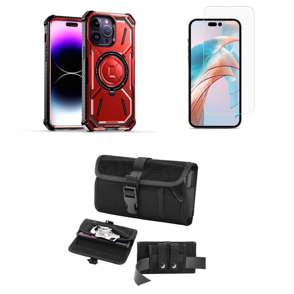 Bemz Rugged Case for iPhone 15 Pro - Tough Magnetic Ring Stand Charger Cover with Glass Screen Protector and Horizontal Rugged Release Buckle Belt Holster Travel Pouch (Red)