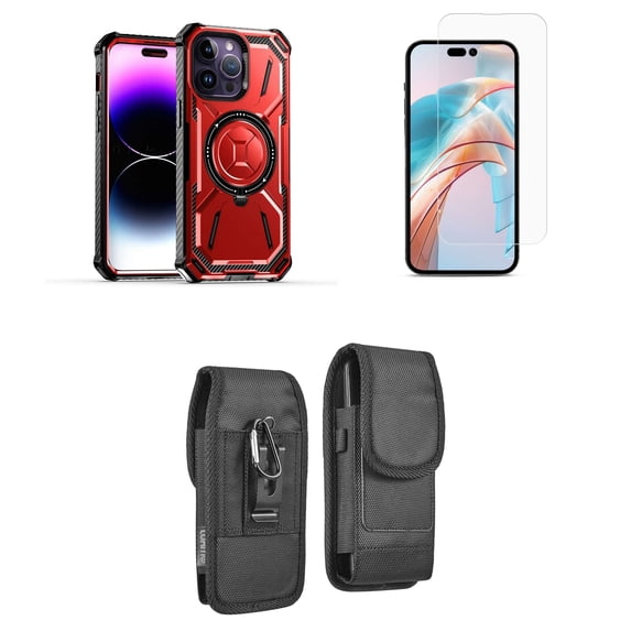 Bemz Rugged Case for iPhone 15 Pro - Tough Magnetic Ring Stand Charger Cover with Glass Screen Protector and Vertical Rugged Nylon Belt Holster Pouch (Red)