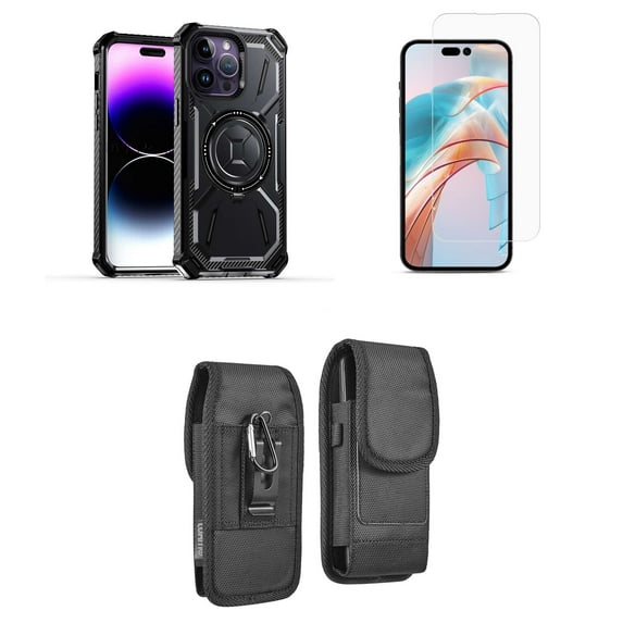 Bemz Rugged Case for iPhone 15 Pro - Tough Magnetic Ring Stand Charger Cover with Glass Screen Protector and Vertical Rugged Nylon Belt Holster Pouch (Black)