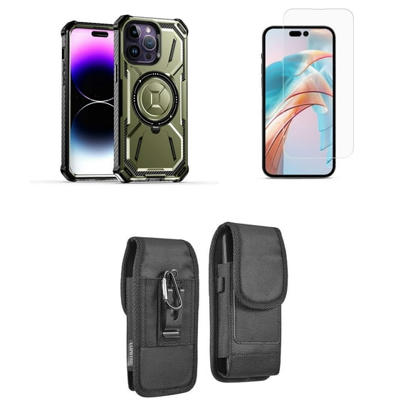 Bemz Rugged Case for iPhone 15 Pro - Tough Magnetic Ring Stand Charger Cover with Glass Screen Protector and Vertical Rugged Nylon Belt Holster Pouch (Midnight Green)