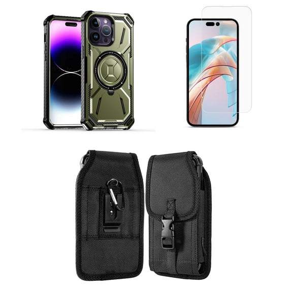 Bemz Rugged Case for iPhone 15 - Tough Magnetic Ring Stand Charger Cover with Glass Screen Protector and Vertical Rugged Release Buckle Belt Holster Pouch (Midnight Green)