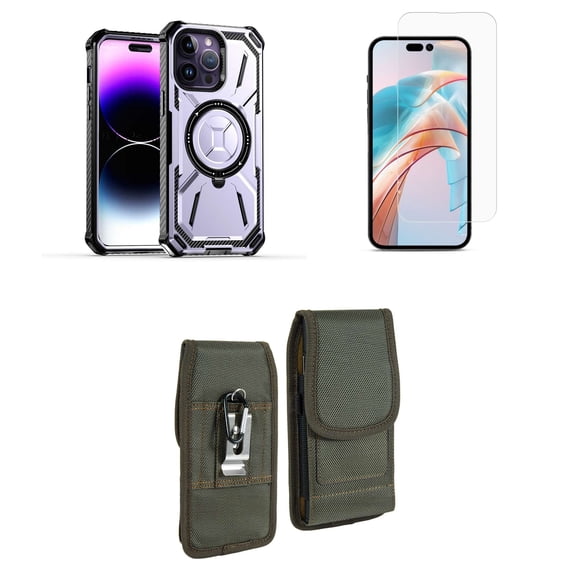 Bemz Rugged Case for iPhone 15 - Tough Magnetic Ring Stand Charger Cover with Glass Screen Protector and Vertical Rugged Nylon Belt Holster Pouch (Light Purple/Forest Green)