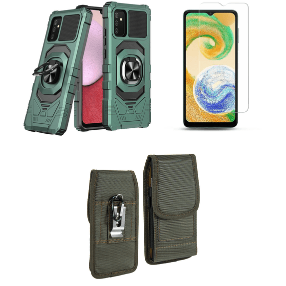 Bemz Shield Armor Case for Galaxy A14 5G with Durable Shockproof Impact Resistant Protective Cover with Glass Screen Protector and Vertical Rugged Nylon Belt Holster Pouch (Midnight Green)