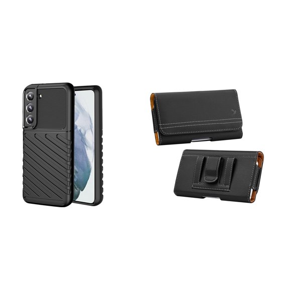 Bemz Shockproof [3.5mm Thick] Rugged Protection Case (Black) Bundled with Classic Belt Holster Phone Carrying Pouch (Horizontal) for Samsung Galaxy S22+ Plus