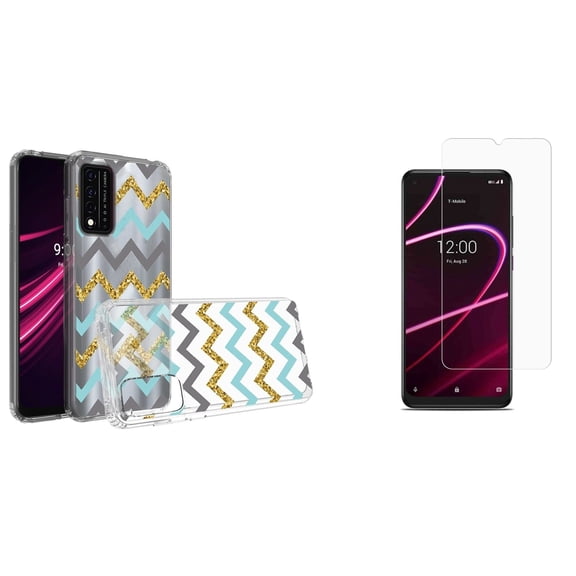 Bemz Slim TPU Series Case for REVVL V+ 5G with Tempered Glass Screen Protectors (2-Pack) and Touchless Tool - Teal and Gold Chevron