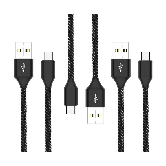 Bemz USB-C to USB-A Cables for AT&T Fusion 5G (Heavy Duty Nylon Fast Charging USB Type-C Charger Cables) - 6.5 Feet (2 Meters) - Black - 3 Pack