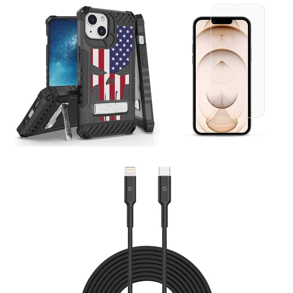 Bemz iPhone 13 Bundle: Tri Shield Shockproof Armor Rugged Case (America Skull Flag), Premium Glass Screen Protectors (2-Pack), USB-C to Lightning Cable (3.3ft/1m)
