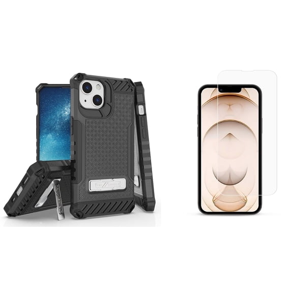 Bemz iPhone 13 Bundle: Tri Shield Shockproof Armor Rugged Case (Black), Premium Glass Screen Protectors (2-Pack)