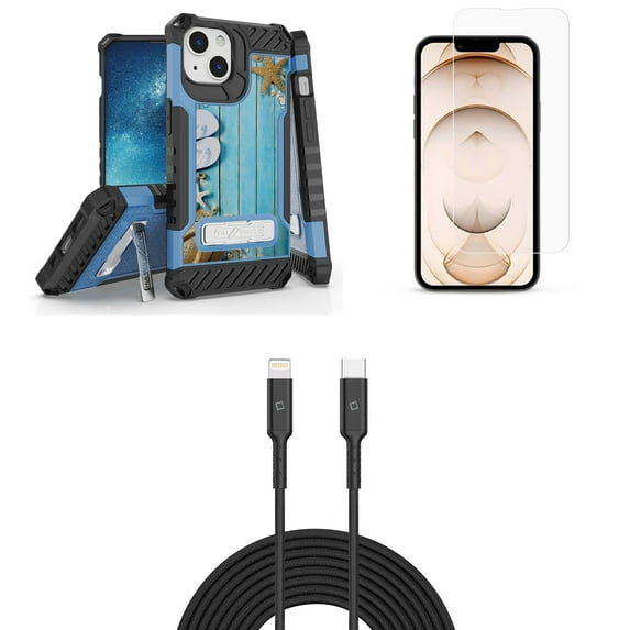 Bemz iPhone 13 Bundle: Tri Shield Shockproof Armor Rugged Case (Blue Sand Seashell), Premium Glass Screen Protectors (2-Pack), USB-C to Lightning Cable (3.3ft/1m)