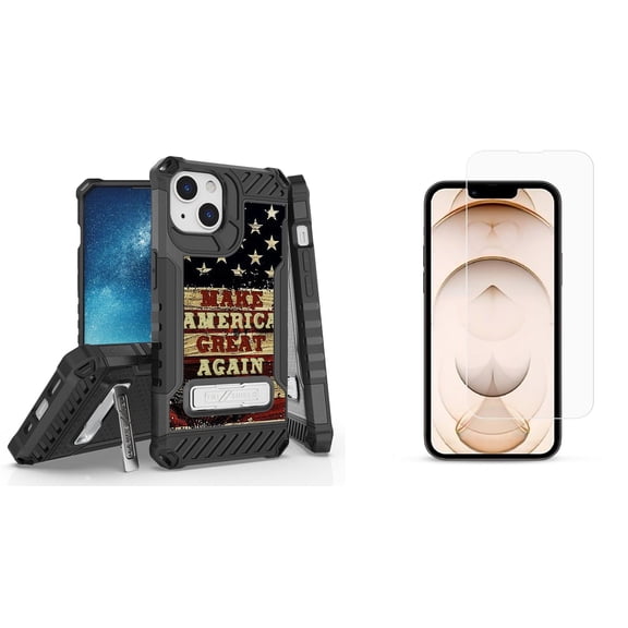 Bemz iPhone 13 Bundle: Tri Shield Shockproof Armor Rugged Case (Make America Great Again), Premium Glass Screen Protectors (2-Pack)