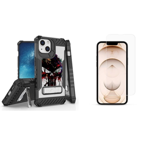 Bemz iPhone 13 Bundle: Tri Shield Shockproof Armor Rugged Case (Splatter Skull), Premium Glass Screen Protectors (2-Pack)